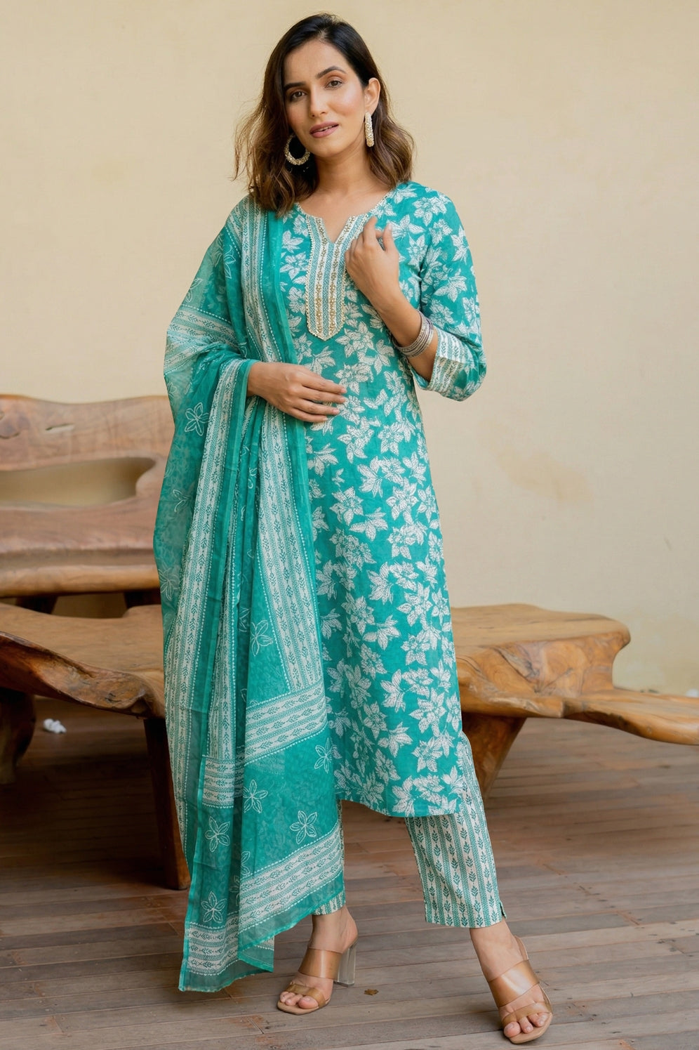 Elegant Floral Printed Pure Cotton Kurta Pant & Dupatta Set for Women