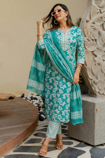 Elegant Floral Printed Pure Cotton Kurta Pant & Dupatta Set for Women