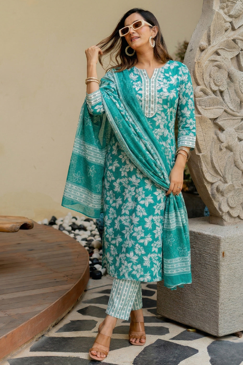 Elegant Floral Printed Pure Cotton Kurta Pant & Dupatta Set for Women