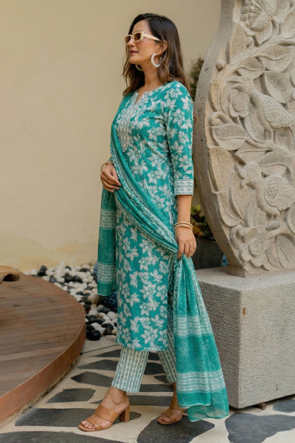 Elegant Floral Printed Pure Cotton Kurta Pant & Dupatta Set for Women