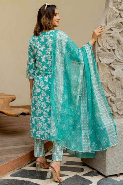 Elegant Floral Printed Pure Cotton Kurta Pant & Dupatta Set for Women