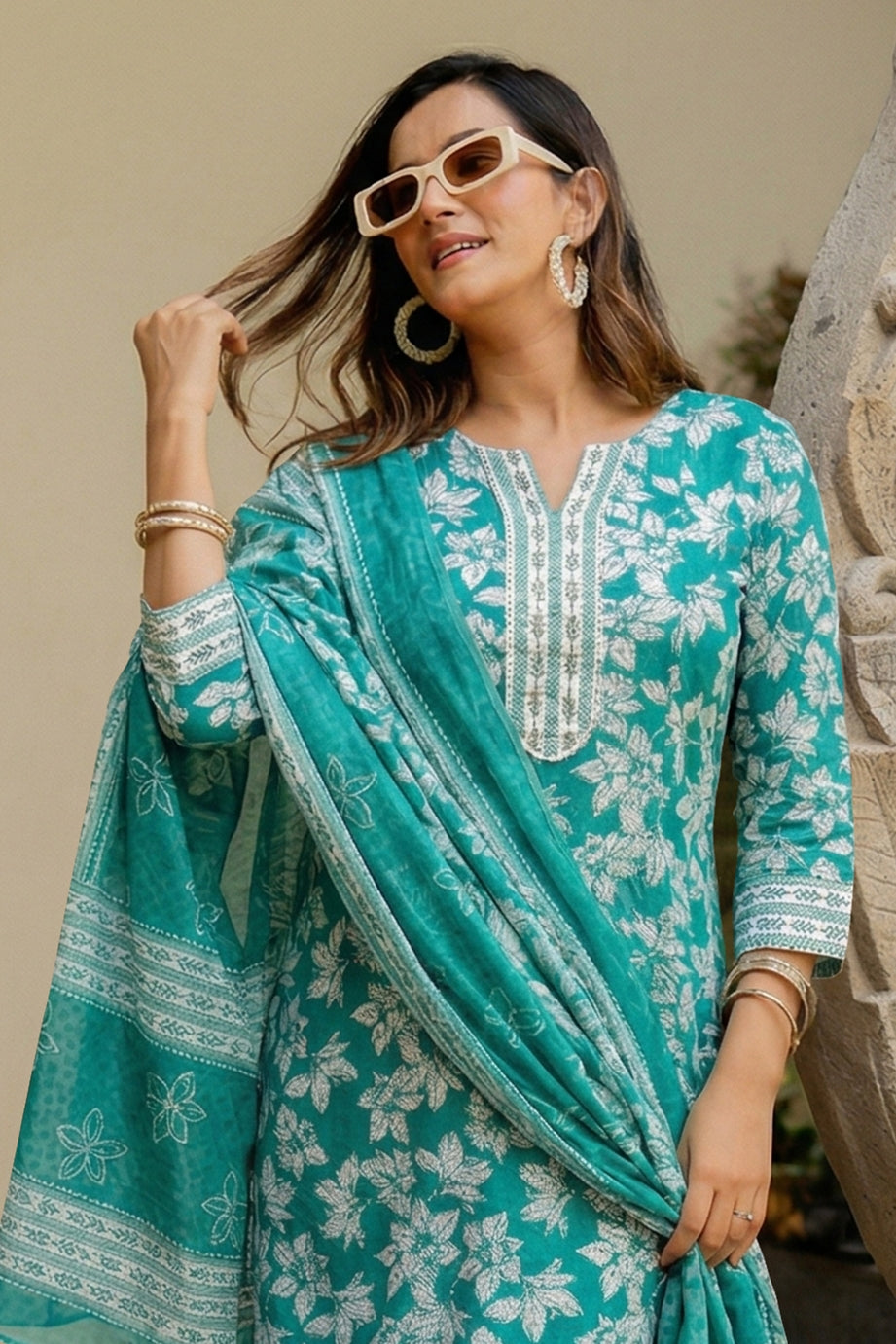 Elegant Floral Printed Pure Cotton Kurta Pant & Dupatta Set for Women