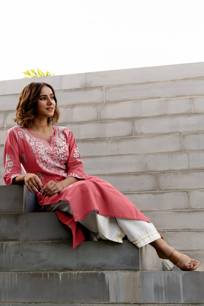 Women's Embroidered Work Kurta With Plazzo Set