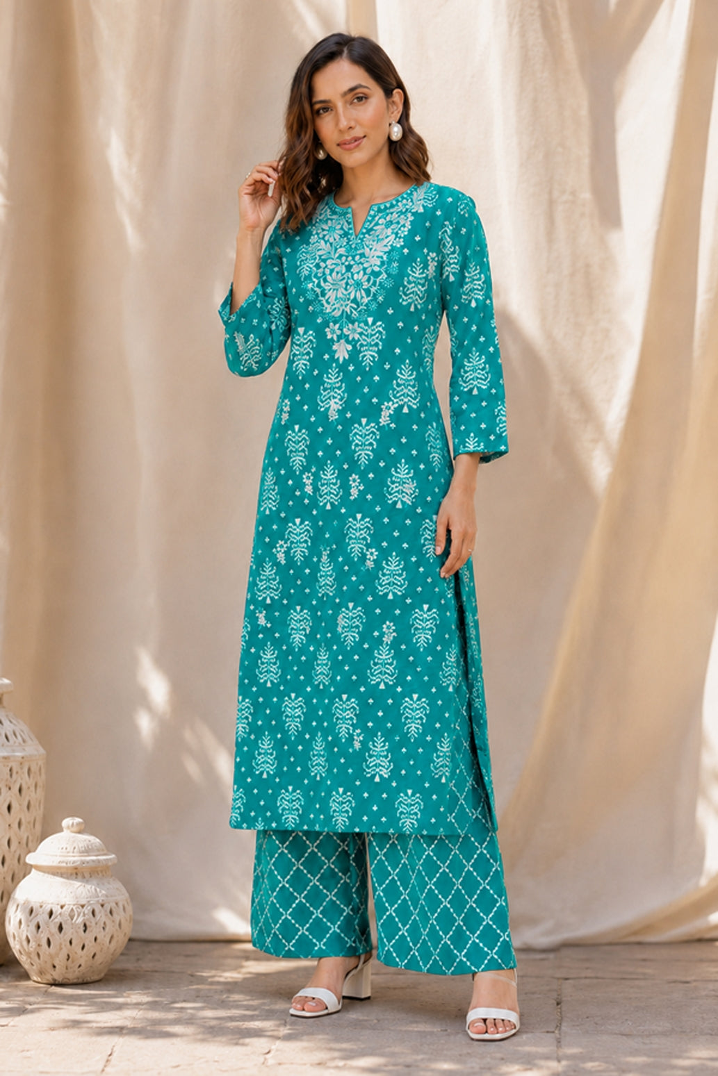 Women's Embroidered Work Solid Straight Kurta With Plazzo Set