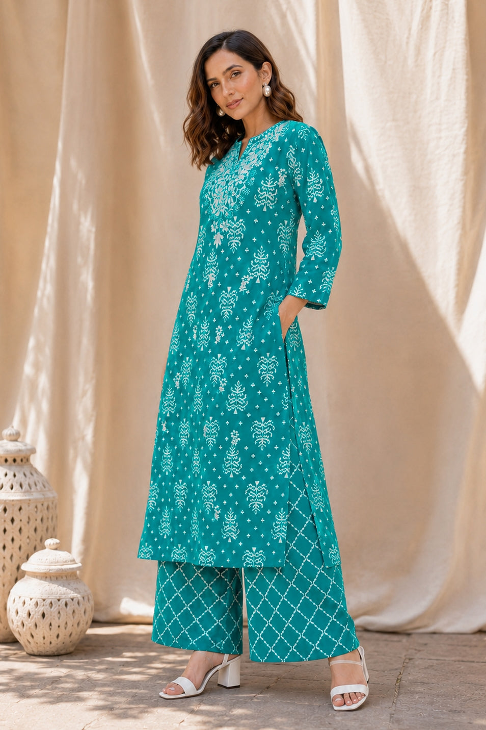 Women's Embroidered Work Solid Straight Kurta With Plazzo Set