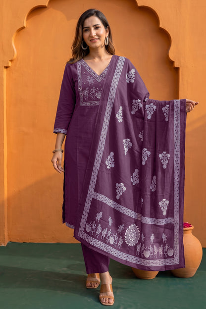 Fancy Warli Print Kurta Pant Dupatta Set with V-Neck Pipe Bead Handwork