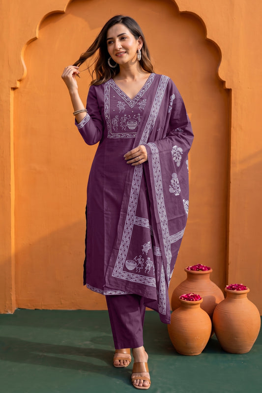 Fancy Warli Print Kurta Pant Dupatta Set with V-Neck Pipe Bead Handwork