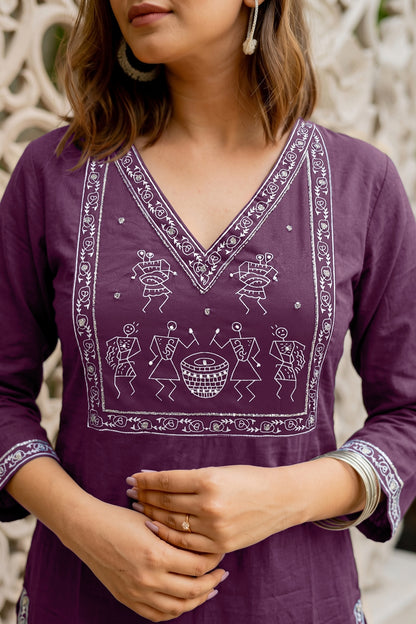 Fancy Warli Print Kurta Pant Dupatta Set with V-Neck Pipe Bead Handwork