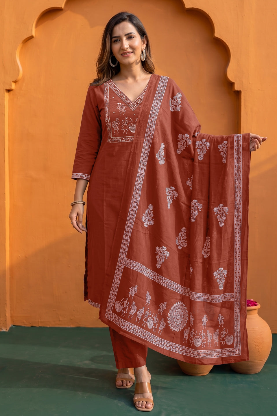 Fancy Warli Print Kurta Pant Dupatta Set with V-Neck Pipe Bead Handwork