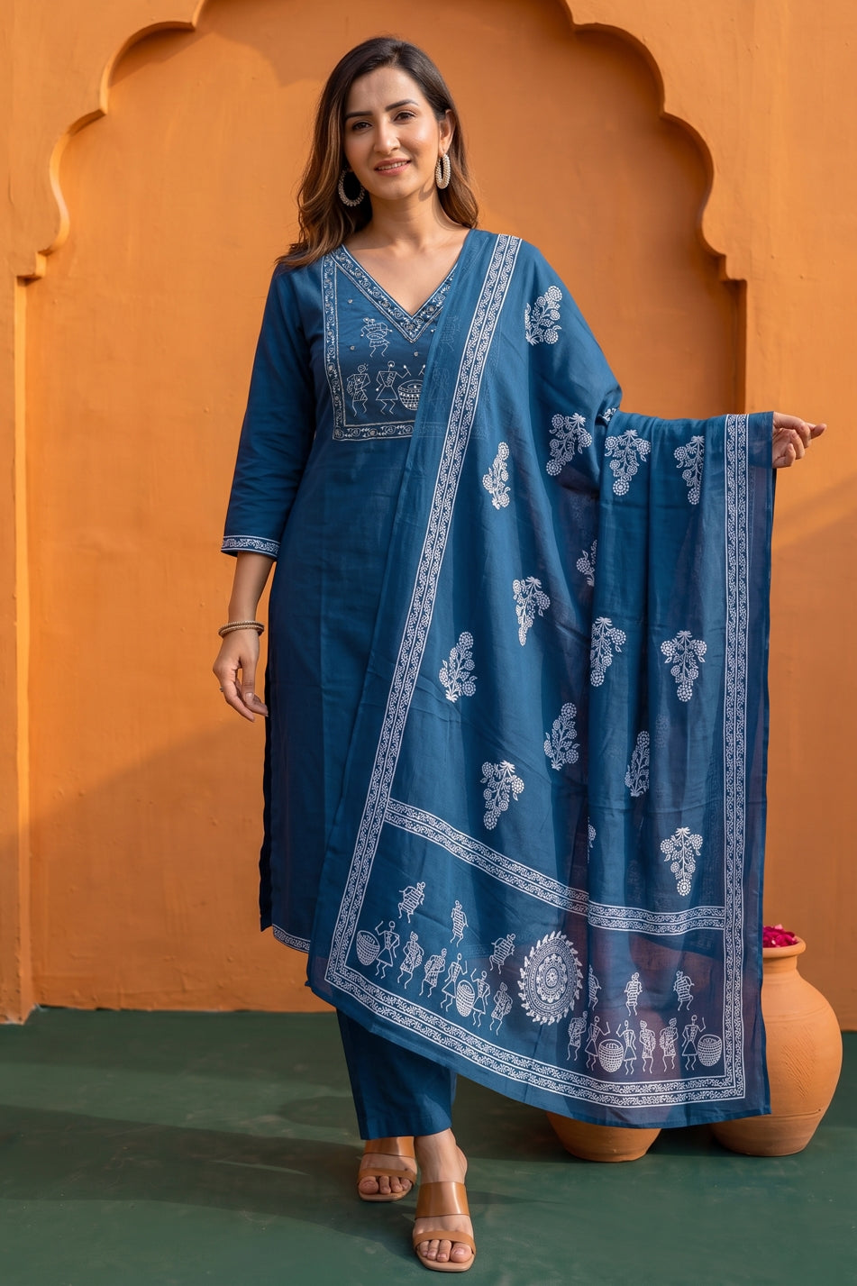 Fancy Warli Print Kurta Pant Dupatta Set with V-Neck Pipe Bead Handwork