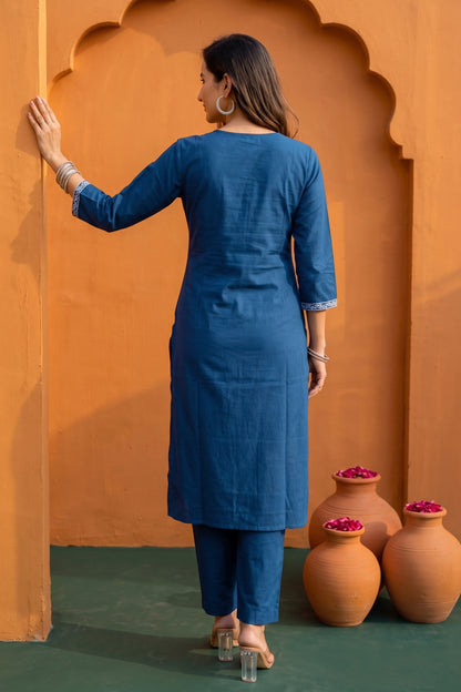 Fancy Warli Print Kurta Pant Dupatta Set with V-Neck Pipe Bead Handwork