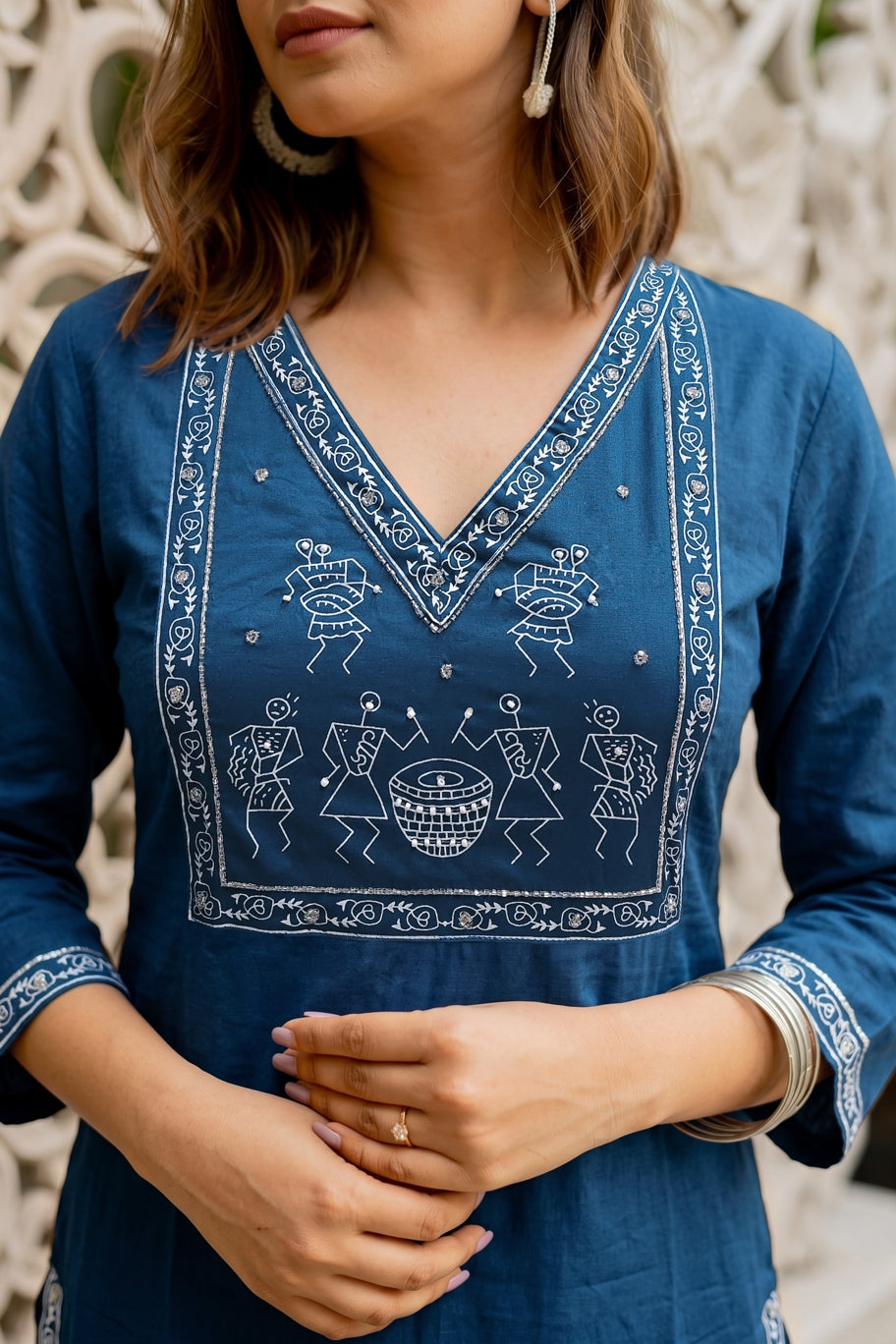 Fancy Warli Print Kurta Pant Dupatta Set with V-Neck Pipe Bead Handwork