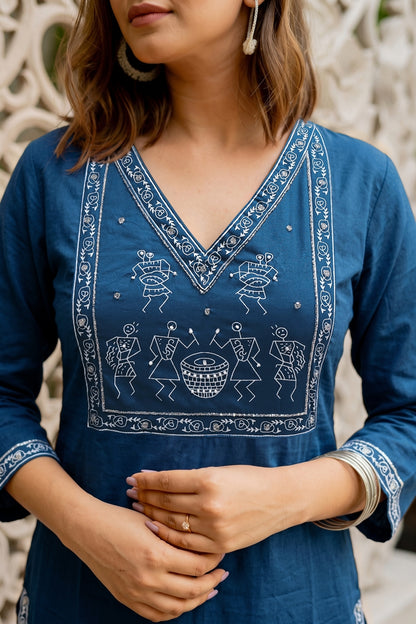 Fancy Warli Print Kurta Pant Dupatta Set with V-Neck Pipe Bead Handwork