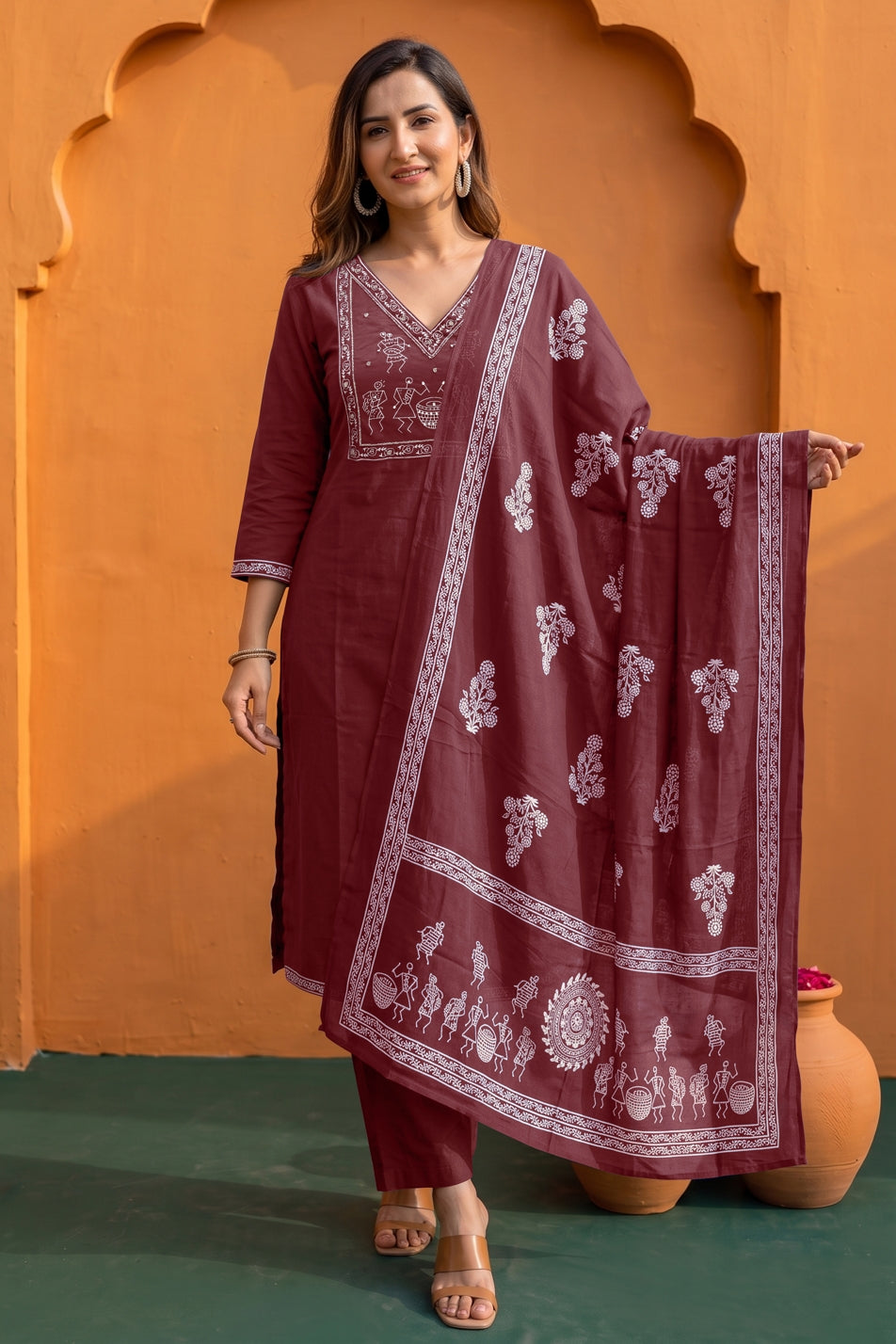 Fancy Warli Print Kurta Pant Dupatta Set with V-Neck Pipe Bead Handwork