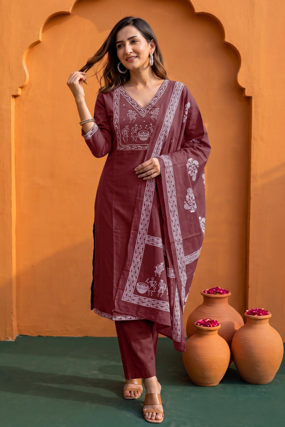 Fancy Warli Print Kurta Pant Dupatta Set with V-Neck Pipe Bead Handwork