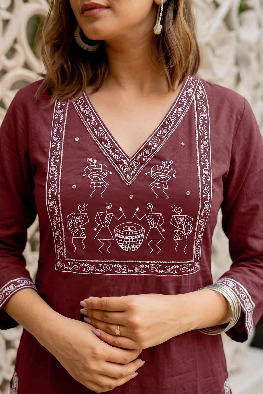 Fancy Warli Print Kurta Pant Dupatta Set with V-Neck Pipe Bead Handwork