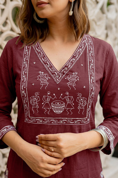 Fancy Warli Print Kurta Pant Dupatta Set with V-Neck Pipe Bead Handwork