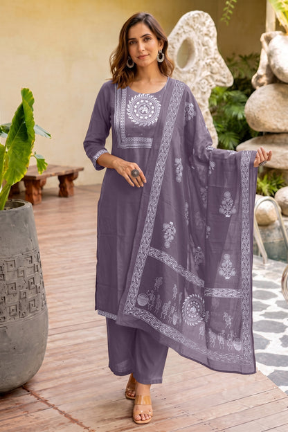 Fancy Block Print Kurta Set with Cutdana Work