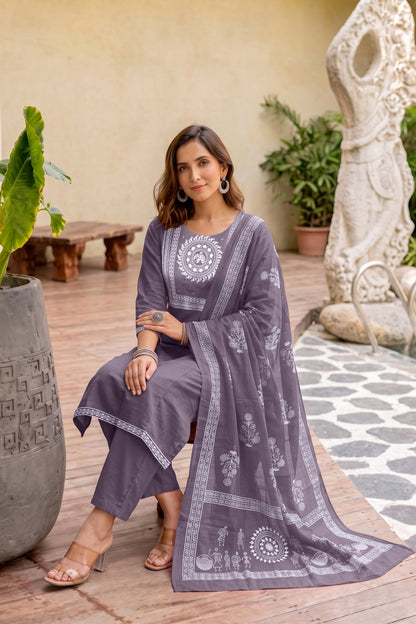 Fancy Block Print Kurta Set with Cutdana Work