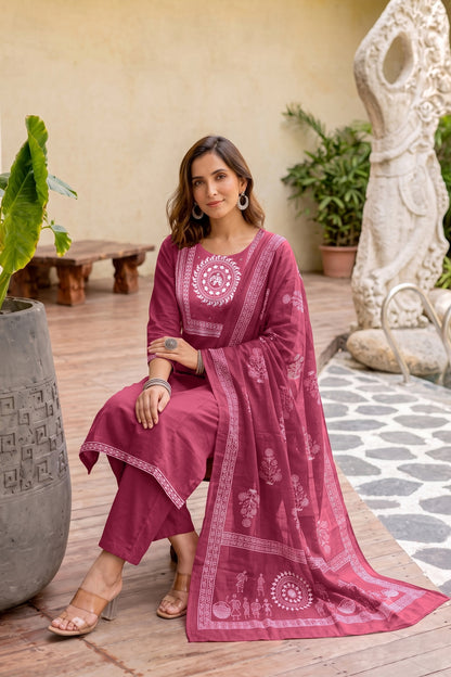 Fancy Block Print Kurta Set with Cutdana Work