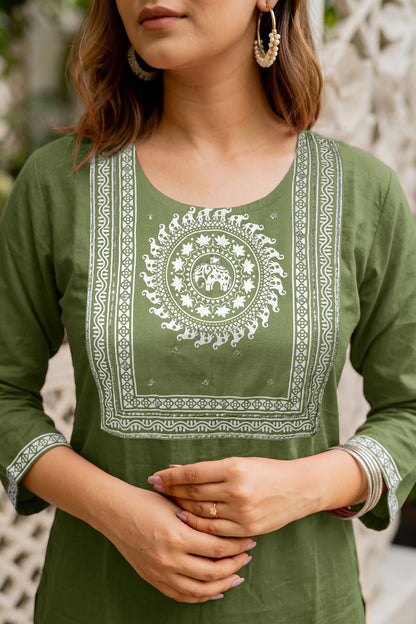 Fancy Block Print Kurta Set with Cutdana Work