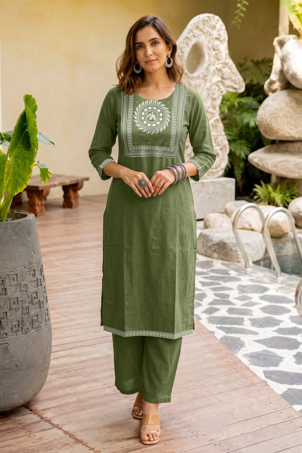 Fancy Block Print Kurta Set with Cutdana Work