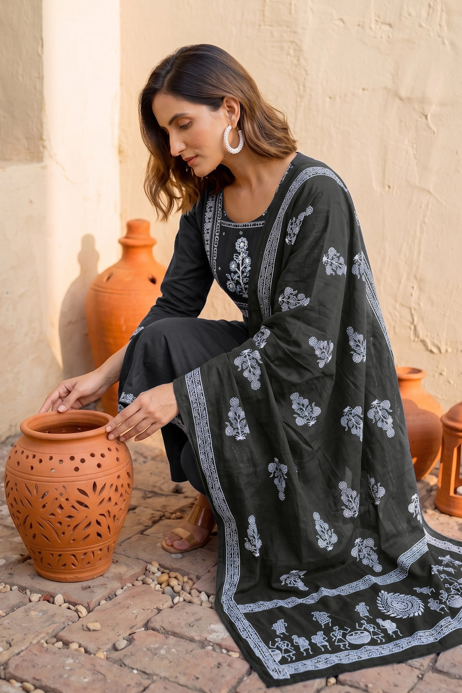 Trendy Block Print Kurta Set with Cutdana Work
