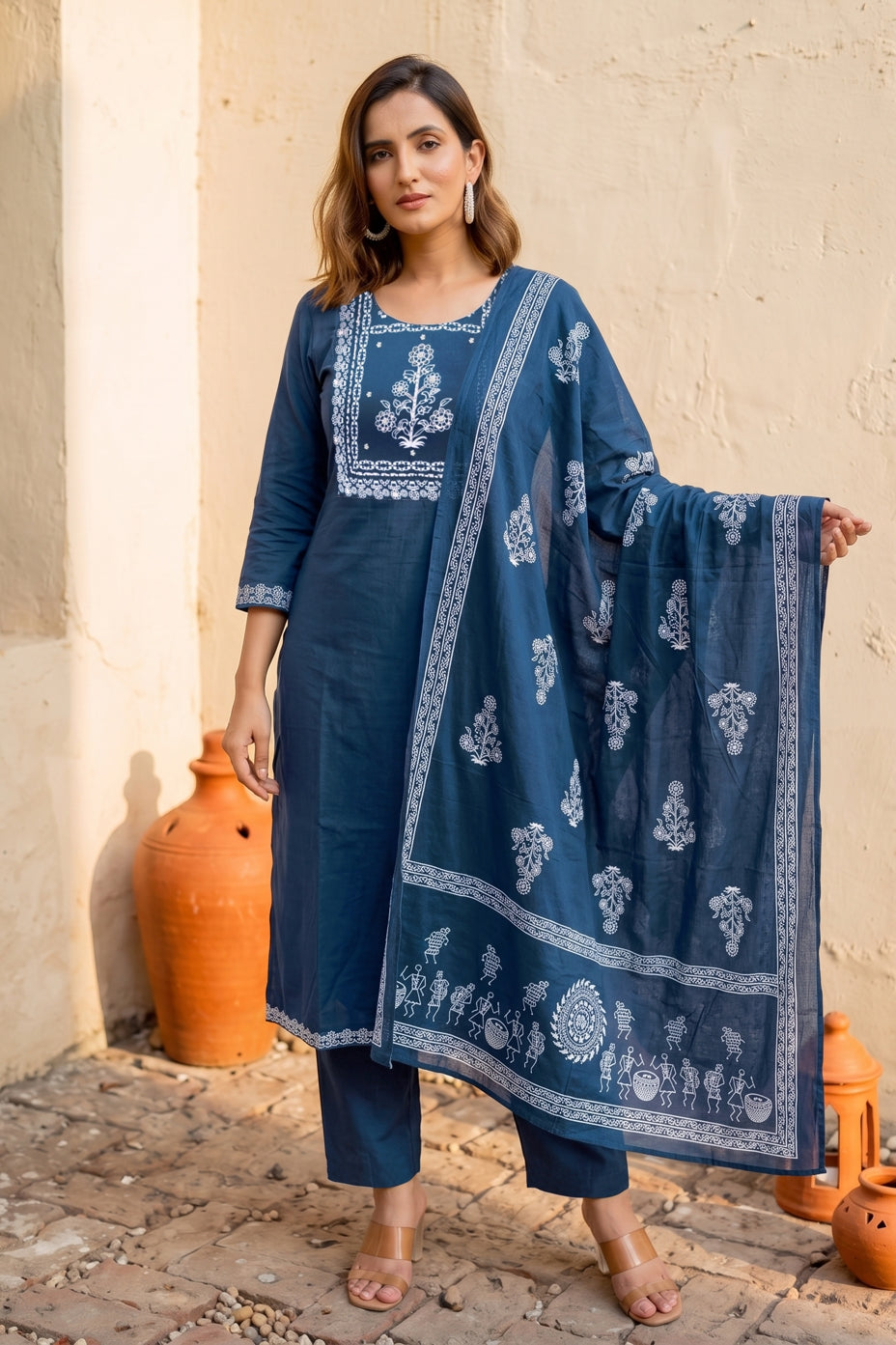Trendy Block Print Kurta Set with Cutdana Work