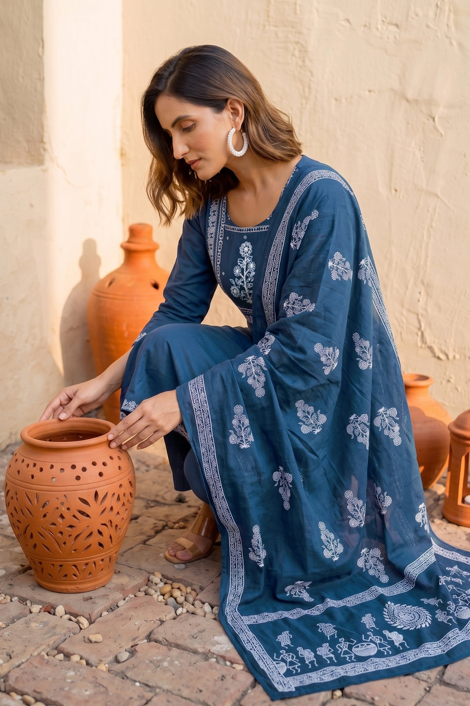 Trendy Block Print Kurta Set with Cutdana Work
