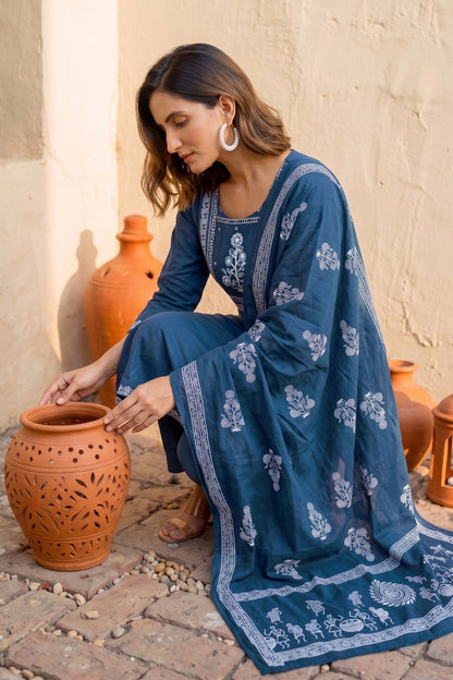 Trendy Block Print Kurta Set with Cutdana Work
