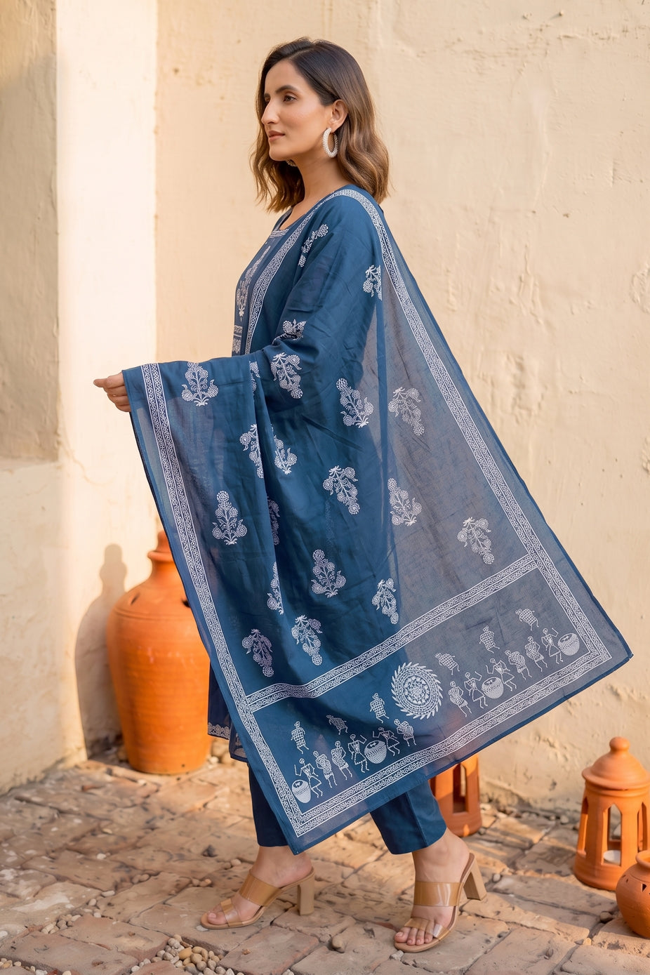 Trendy Block Print Kurta Set with Cutdana Work