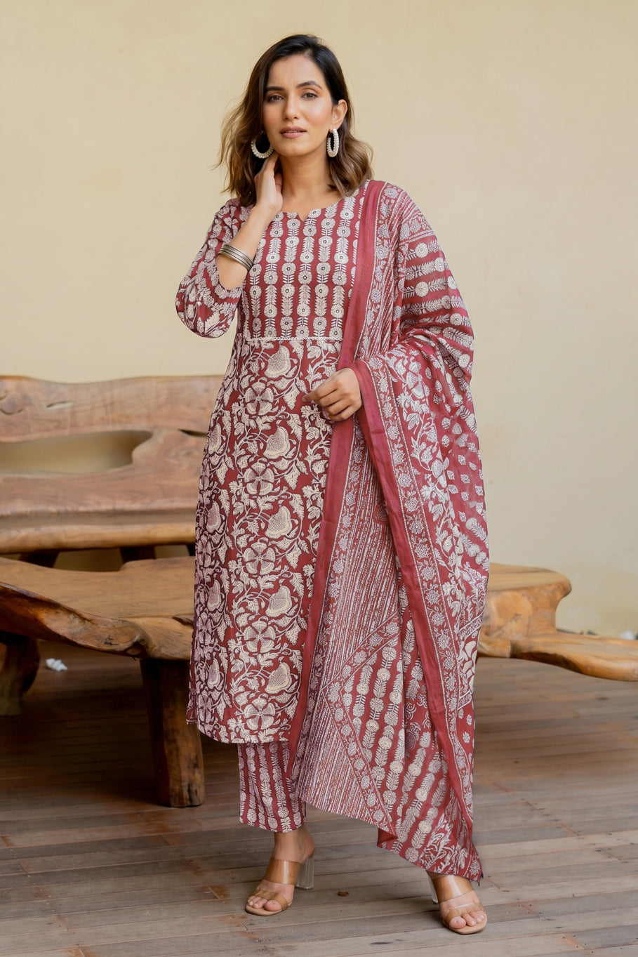 Trendy Pure Cotton Floral Mirror Work Kurta Pant Dupatta Set