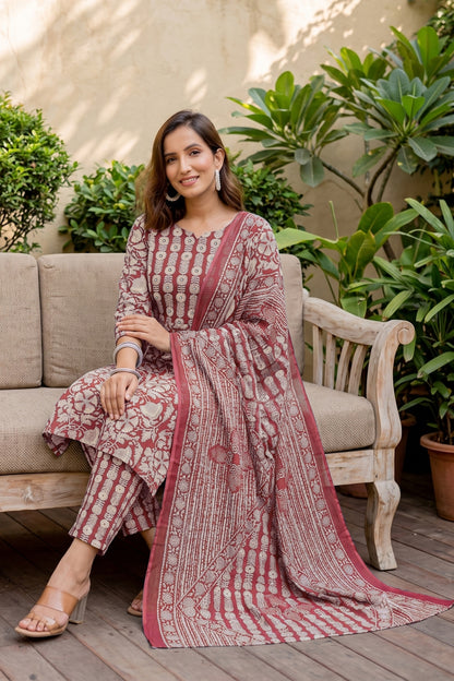 Trendy Pure Cotton Floral Mirror Work Kurta Pant Dupatta Set
