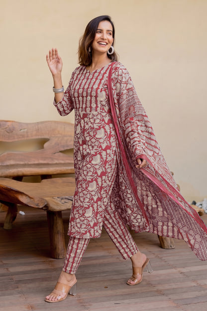 Trendy Pure Cotton Floral Mirror Work Kurta Pant Dupatta Set