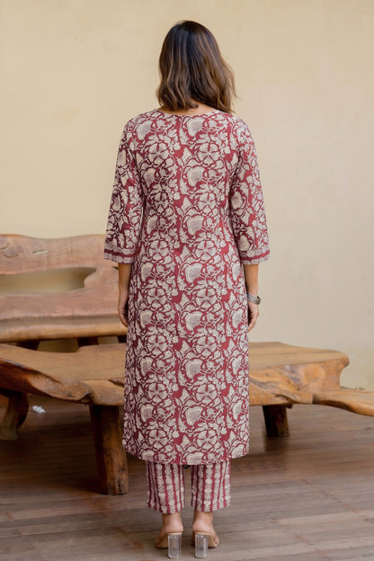 Trendy Pure Cotton Floral Mirror Work Kurta Pant Dupatta Set