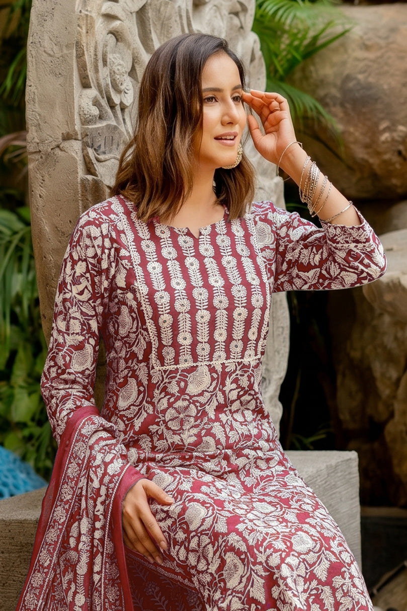 Trendy Pure Cotton Floral Mirror Work Kurta Pant Dupatta Set