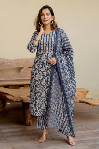 Trendy Pure Cotton Floral Mirror Work Kurta Pant Dupatta Set