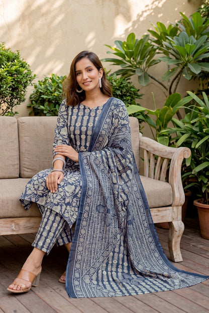 Trendy Pure Cotton Floral Mirror Work Kurta Pant Dupatta Set