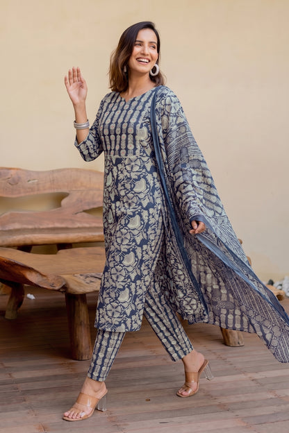Trendy Pure Cotton Floral Mirror Work Kurta Pant Dupatta Set