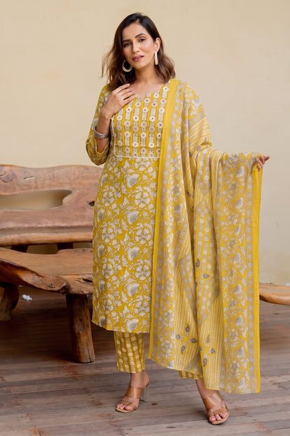 Trendy Pure Cotton Floral Mirror Work Kurta Pant Dupatta Set