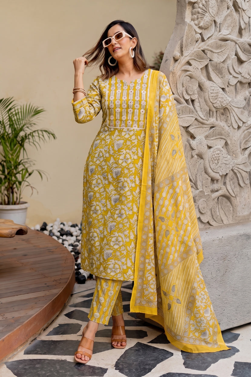 Trendy Pure Cotton Floral Mirror Work Kurta Pant Dupatta Set