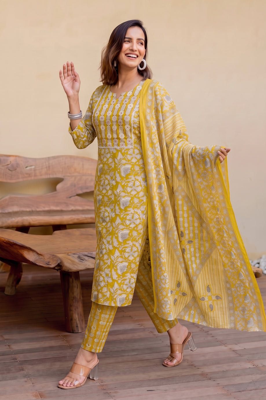 Trendy Pure Cotton Floral Mirror Work Kurta Pant Dupatta Set