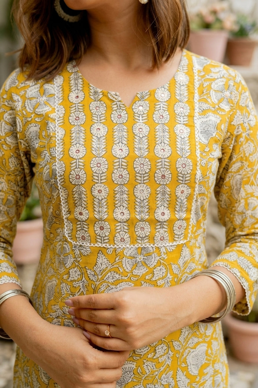 Trendy Pure Cotton Floral Mirror Work Kurta Pant Dupatta Set