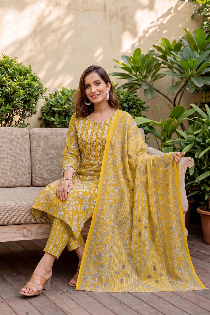 Trendy Pure Cotton Floral Mirror Work Kurta Pant Dupatta Set