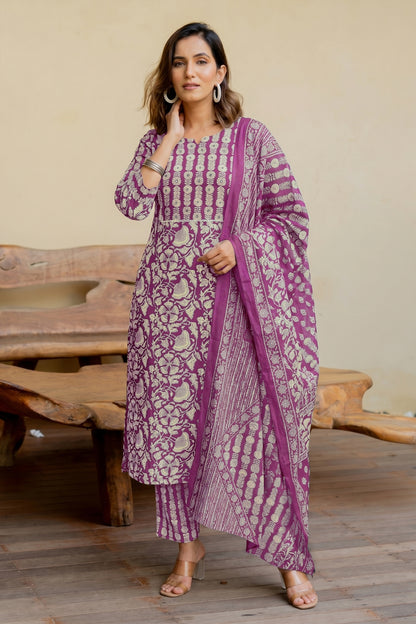 Trendy Pure Cotton Floral Mirror Work Kurta Pant Dupatta Set