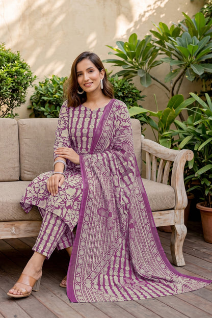 Trendy Pure Cotton Floral Mirror Work Kurta Pant Dupatta Set