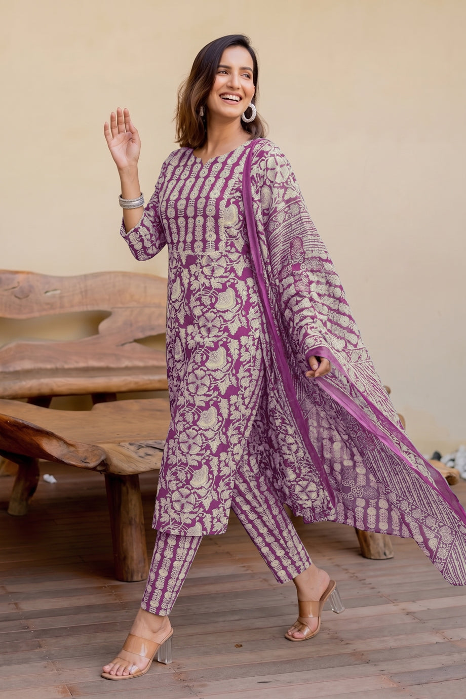 Trendy Pure Cotton Floral Mirror Work Kurta Pant Dupatta Set