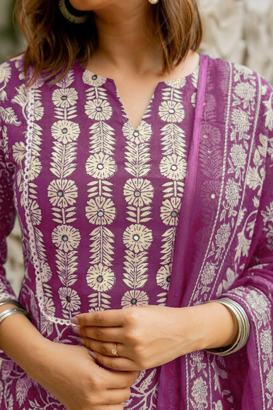 Trendy Pure Cotton Floral Mirror Work Kurta Pant Dupatta Set