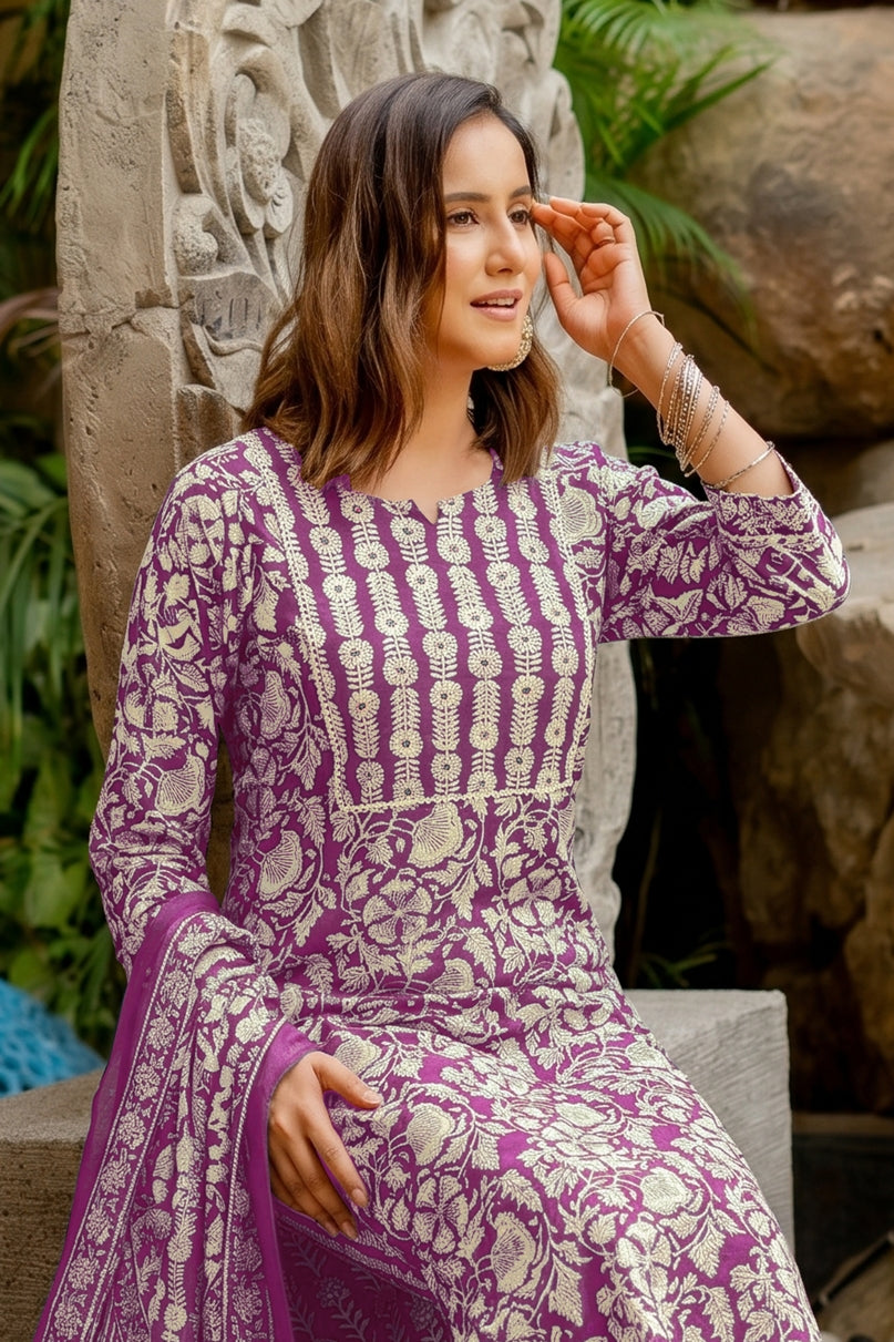 Trendy Pure Cotton Floral Mirror Work Kurta Pant Dupatta Set
