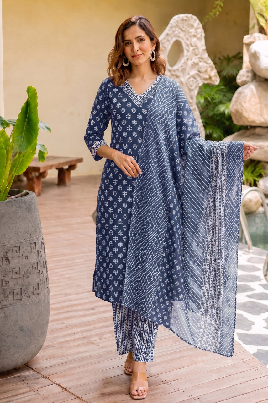 Women Magenta Batik Block Print Pure Cotton Top with Bottom & Dupatta Set